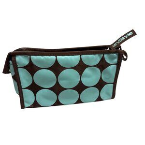 In Style Brown Blue Polka Dot Cosmetic Bag Zipper Closure Makeup Travel Pouch